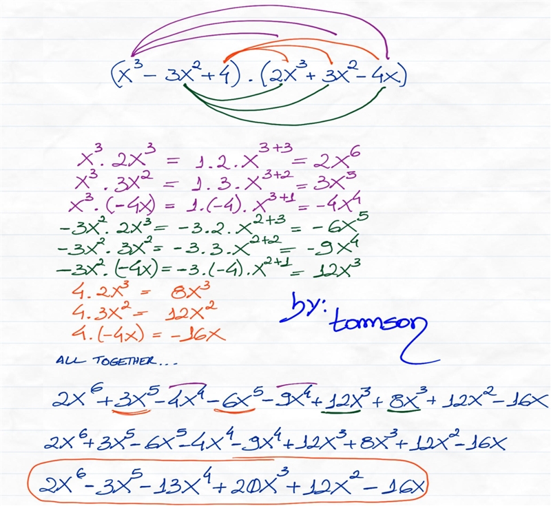 Multiply (x^3 − 3x^2 + 4) · (2x^3 + 3x^2 − 4x)-example-1