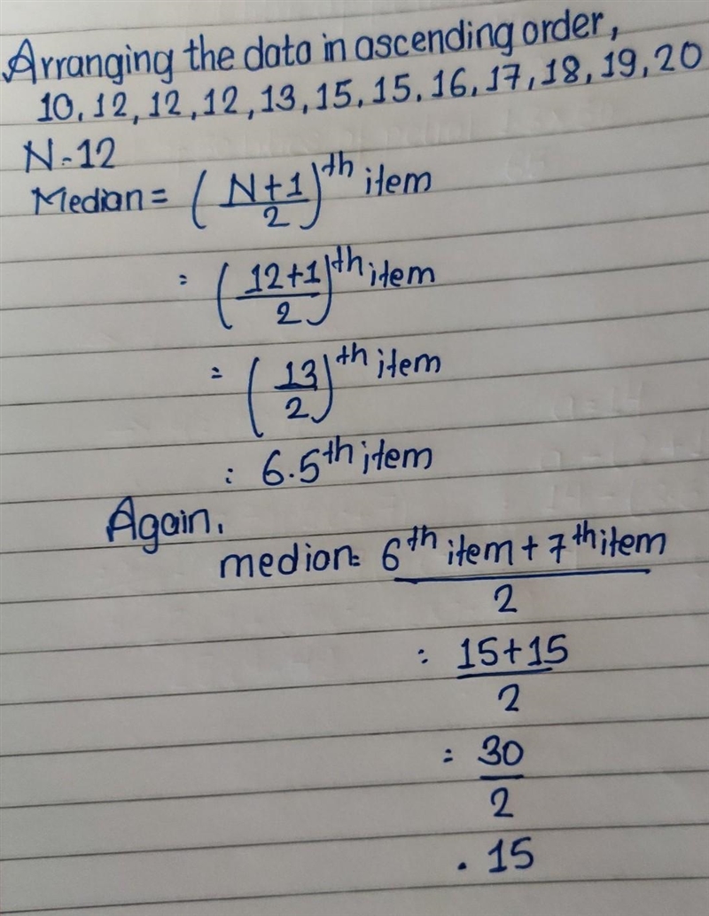 What is the median of the data 12, 17, 16, 10, 20, 13, 15, 15, 12, 12, 19, 18-example-1