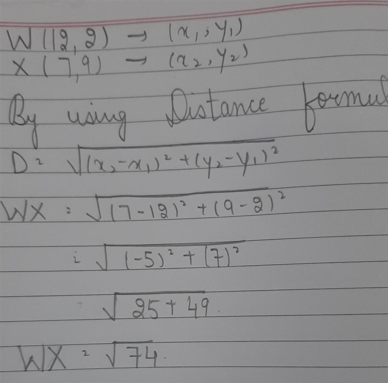 What is the distance WX?* W(12, 2), X(7,9)-example-1