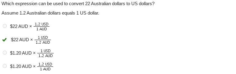 Which expression can be used to convert 22 Australian dollars to US dollars? Assume-example-1