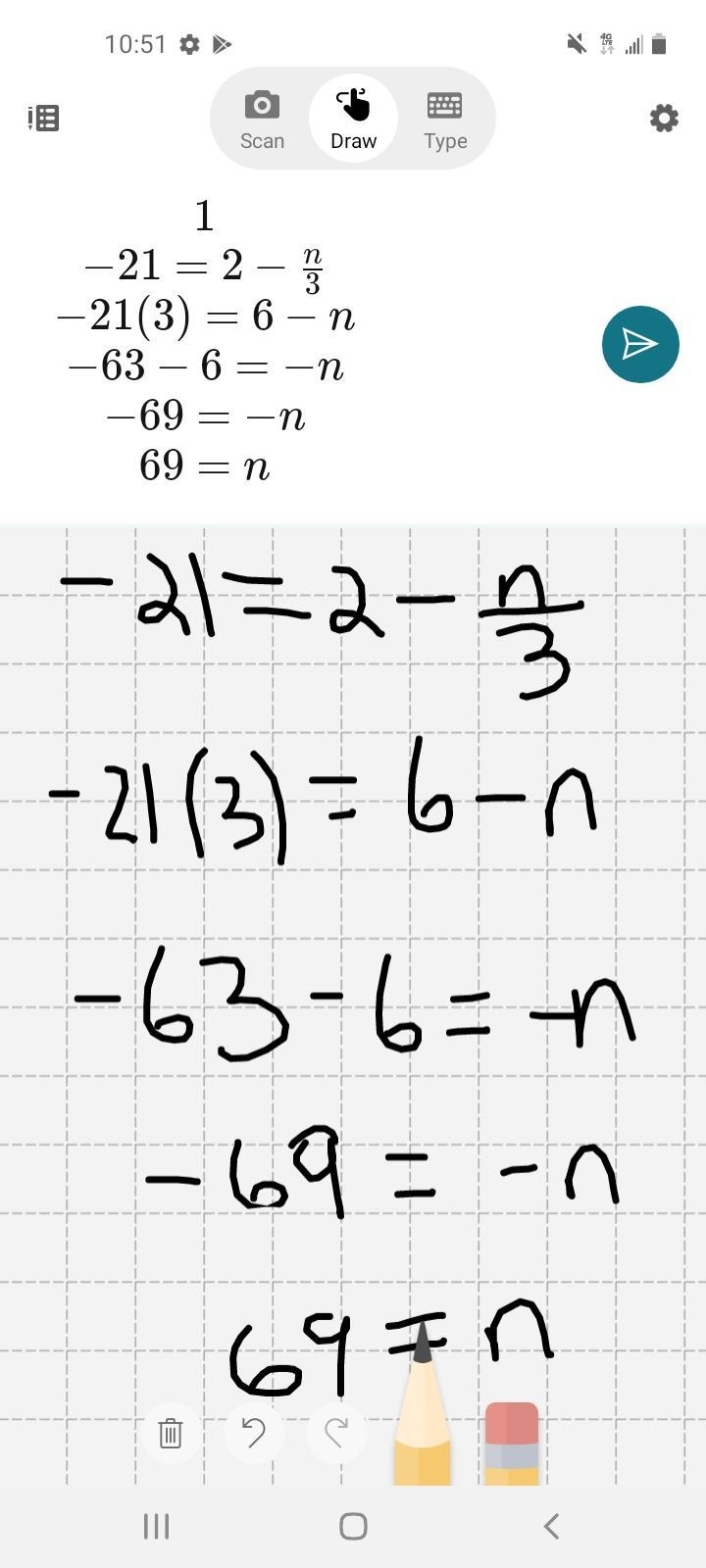 -21 = 2 - n/3 SHOW ALL WORK-example-1