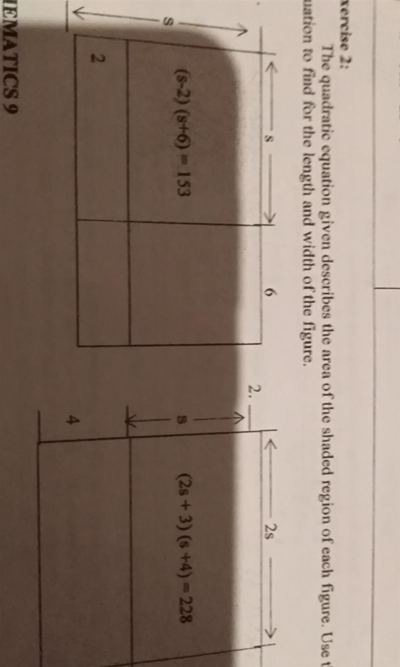 The quadratic equation given describes the area of the shaded region of each figure-example-1