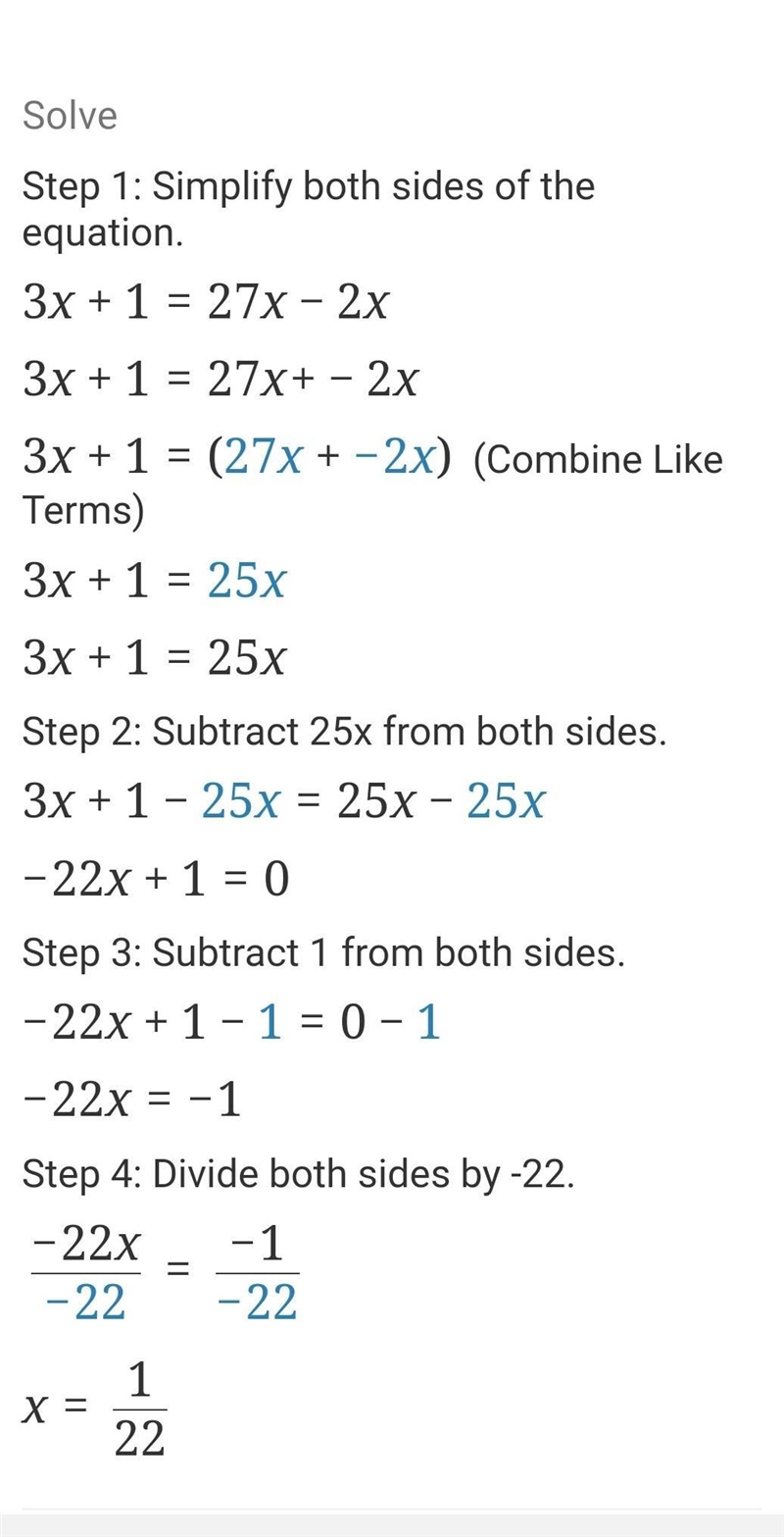 3x+1=27x-2 X= I need help in this pleaseeeeeeeee-example-1