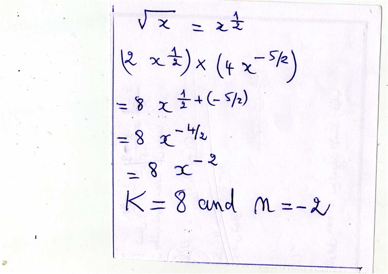 Rewrite the expression in the form k - x^n. 2 √(x) *{4x}^( - 5 / 2) ​-example-1