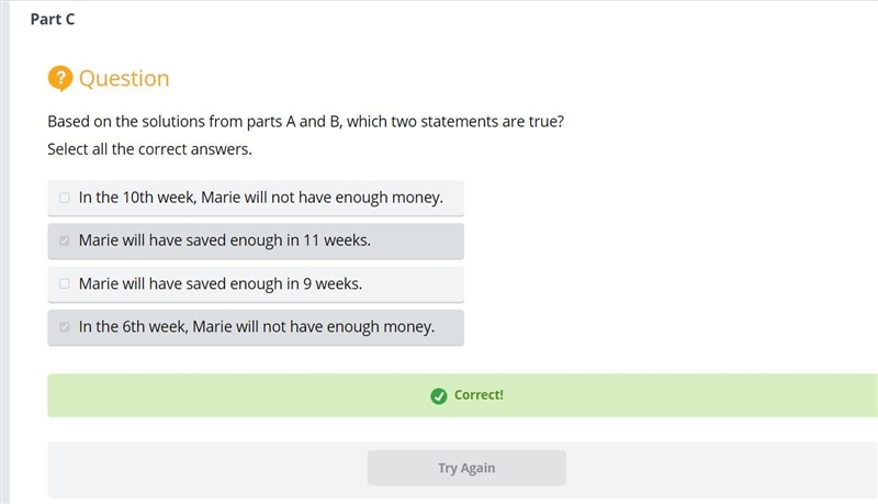 Based on the solutions from part's A and B, which two statements are true? Select-example-1