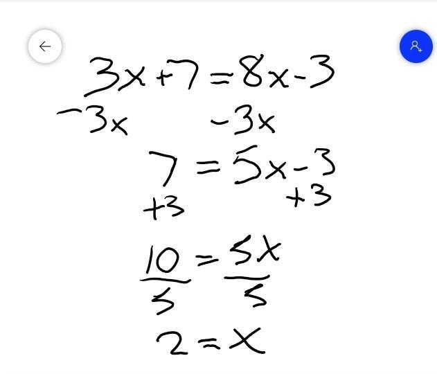 3x + 7 = 8x - 3 Show work-example-1