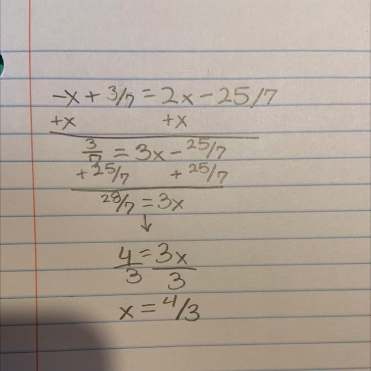 Select the correct answer. What is the solution for x in the equation -x + 3/7 = 2x-example-1