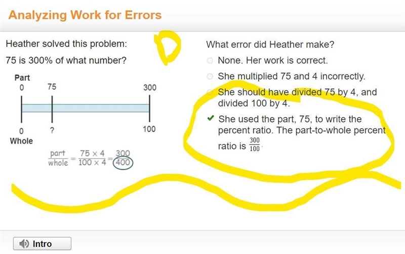 Heather solved this problem: 75 is 300% of what number? A tape diagram. StartFraction-example-1