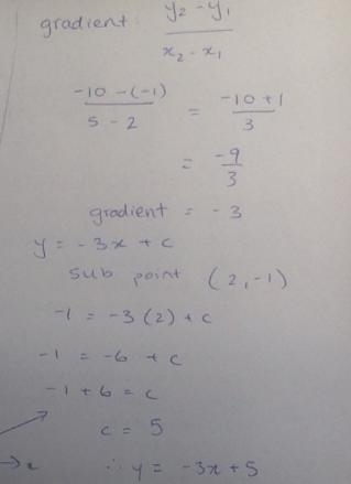 what is the equation of the line passing through the points (2, -1) and (5, -10) in-example-1