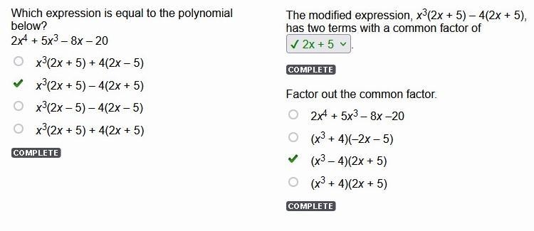 Which expression is equal to the polynomial below? 2x4 + 5x3 – 8x – 20 x3(2x + 5) + 4(2x-example-1