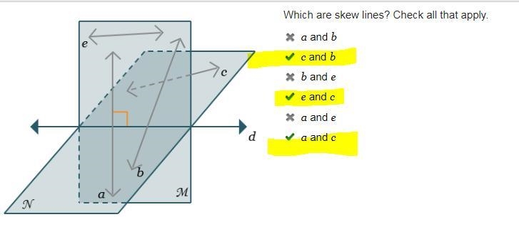 Which are skew lines? Check all that apply. a and b c and b b and e e and c a and-example-1