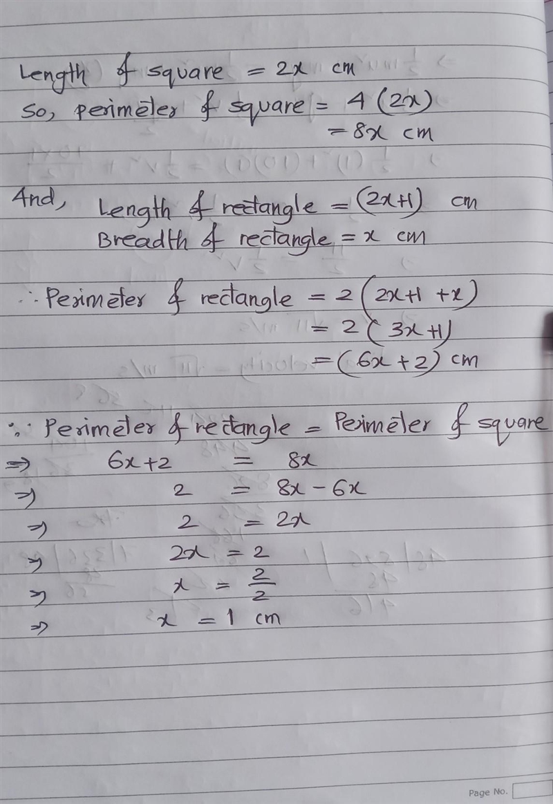 The length of a square is 2x cm. The breadth and length of a rectangle are x cm and-example-1