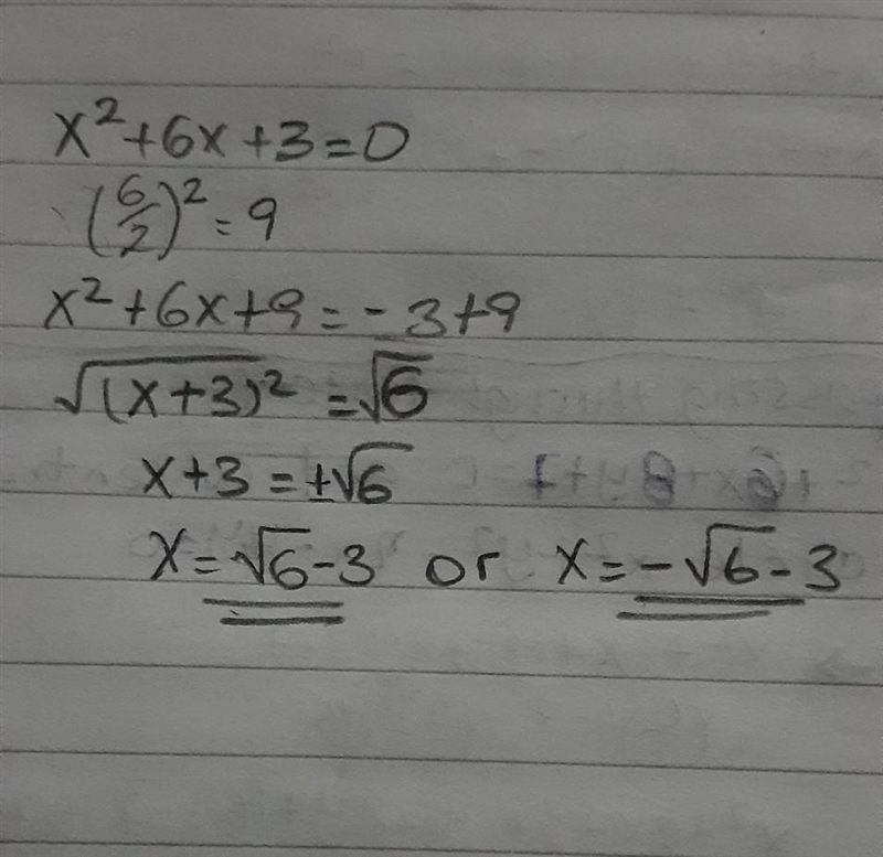 X^2+6x+3=0 Solve the equation by completing the square-example-1