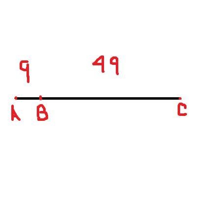 Given segment AC and point B that lies on AC, if AB = 9 and BC= 49, find AC-example-1