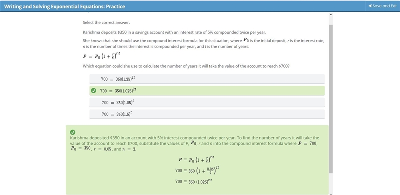 Select the correct answer. Karishma deposits $350 in a savings account with an interest-example-1