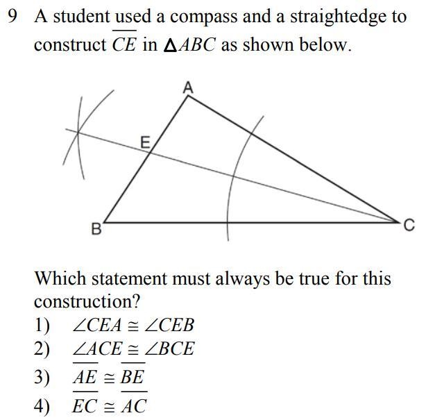 A student used a compass and a straightedge to construct \overline{CE} in ABC. Which-example-1