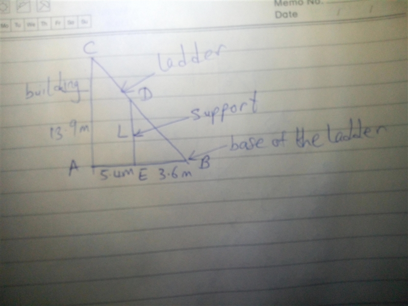 A fireman's ladder reaches 13.9 m up a building. The ladder is propped up by a support-example-1