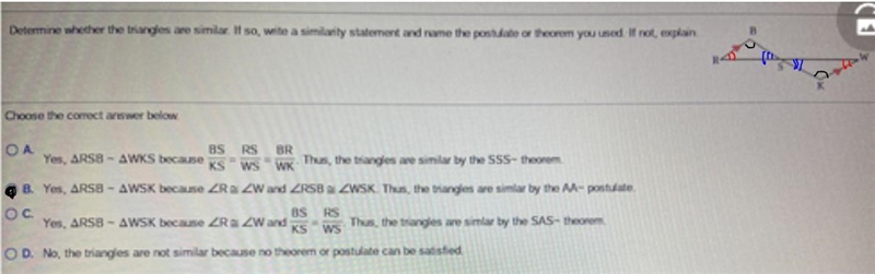 Determine weather the triangles a are similar-example-1