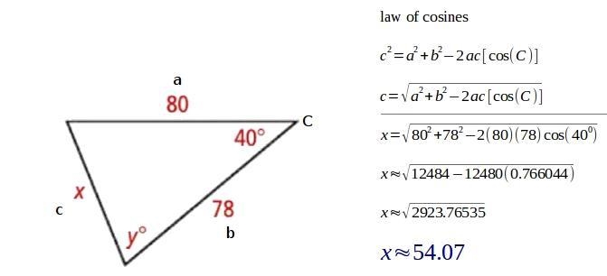 Use the Law of Cosines to find y. Round to the nearest tenth. x = 54.1 Please show-example-1