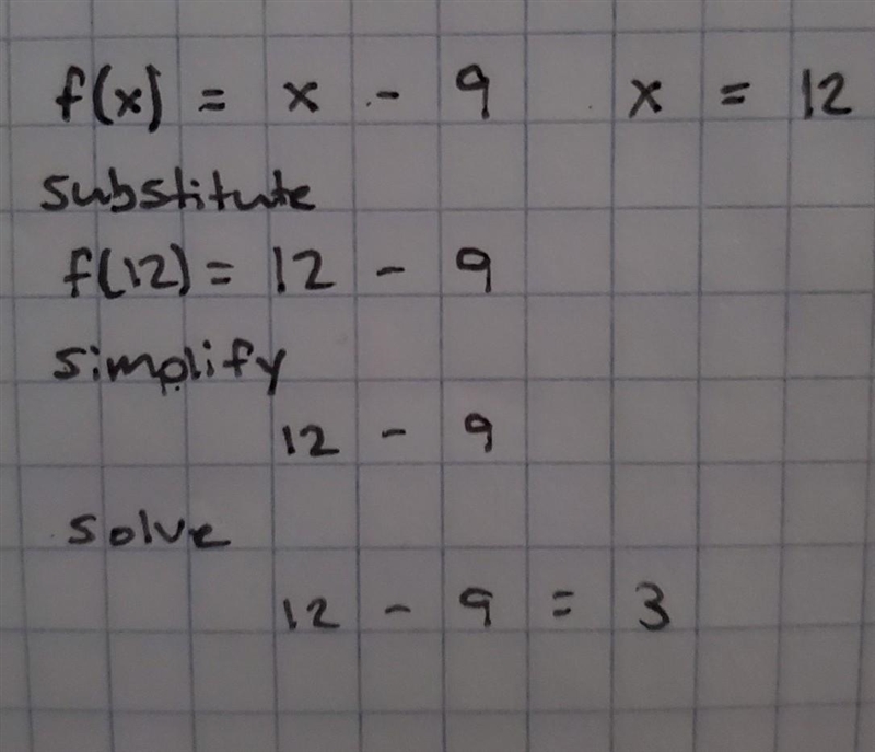 What is the value of f(x) = X - 9 for x = 12?-example-1