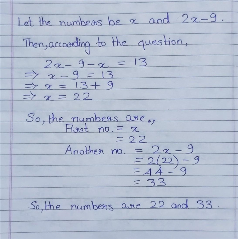 The difference of two positive numbers is 13. The larger number is nine less than-example-1