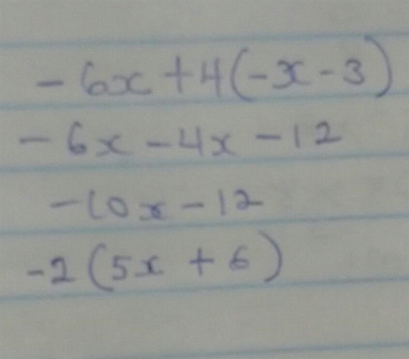 Simplify the following expression: -6x + 4(-x - 3)-example-1