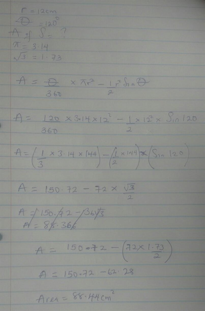 a chord of a circle of radius 12 CM subtends an angle of 120 degree at the centre-example-2