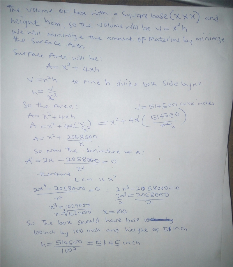 An open square box of volume 514,500 cubic inches has a square base and five partitions-example-1