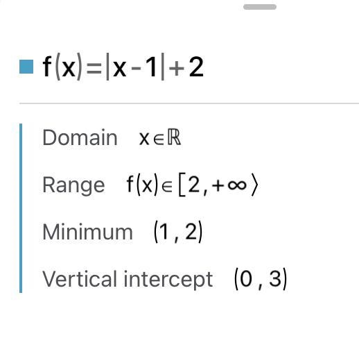 What is the domain and range of f(x)= |x-1| +2 ? Help!!!!-example-1