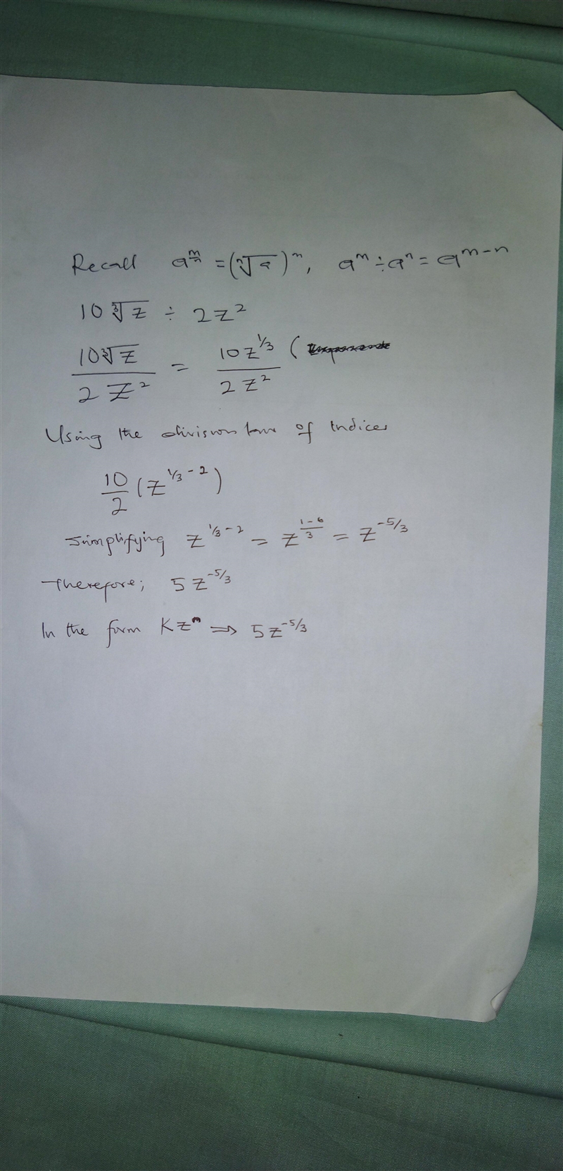 Rewrite the expression in the form k x z^n. 10 \sqrt[3]{z} / {2z}^(2) ​-example-1