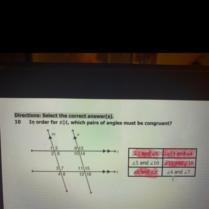 In order for s//t which pairs of angles must be congruent-example-1