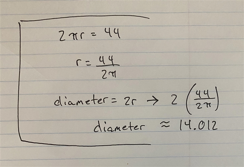 If the circumference of the circle was 44 feet, what was the diameter of the circle-example-1