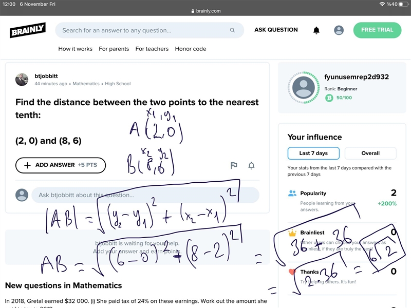 Find the distance between the two points to the nearest tenth: (2, 0) and (8, 6)-example-1