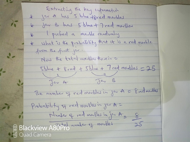 You have two jars. Jar A has 5 blue marbles and 8 red marbles. Jar B has 5 blue marbles-example-1