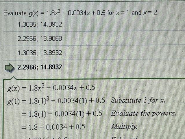 Evaluate g(x) = 1.8x3 -0.0034x + 0.5 for x = 1 and x=2-example-1