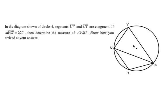 In the diagram shown of circle A, segments UV and UT are congruent. If mVST  220 , then-example-1