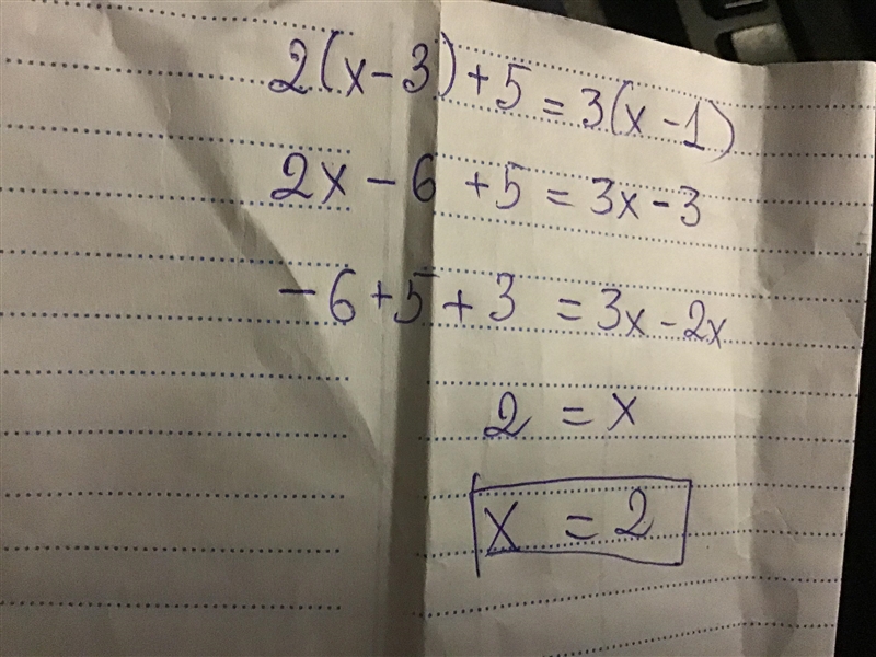 2(x – 3) + 5 = 3(x – 1)-example-1