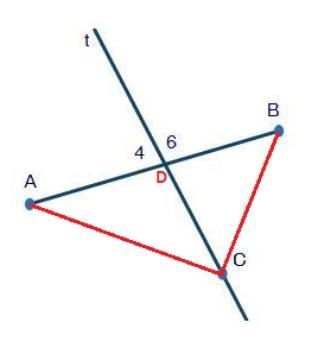 The figure below shows line t, which intersects segment AB: Segment AB is intersected-example-1