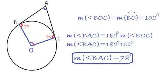 1. In the picture below, if major arc BC is 258 degrees and minor arc BC is 102 degrees-example-1