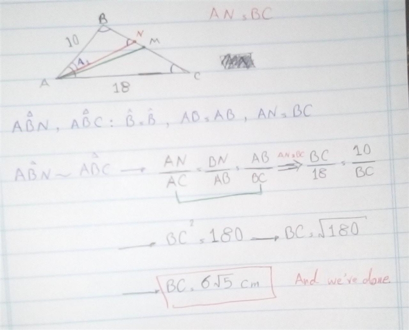 In ∆ABC,|AB|=10cm and|AC|=18cm.M is the midpoint of BC and the bisector of angle A-example-1