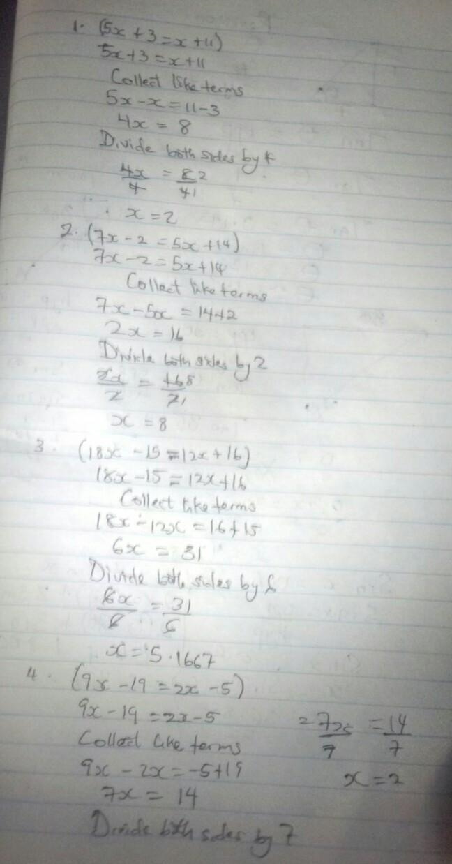 Answer these question SOLVE these 1.(5x + 3 = x + 11) 2.(7x - 2 = 5x +14) 3.(18x - 15 - 12x-example-1