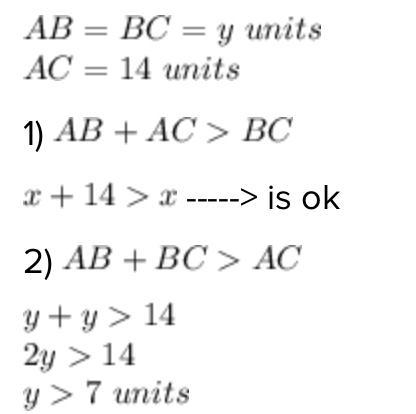 The isosceles triangle has a base that measures 14 units. A triangle has a base length-example-1