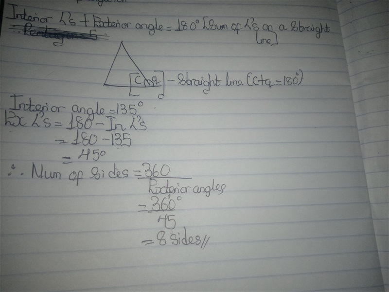 An interior angle of a regular convex polygon is 135°. How many sides does the polygon-example-1