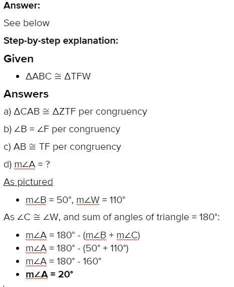 if triangle ABC is congruent to Triangle TFW complete each part below no triangles-example-1