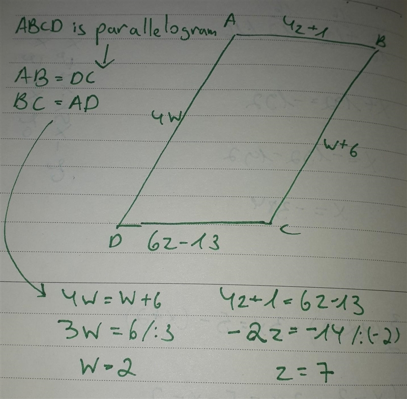 Find the value of each variable in the parallelogram.-example-1