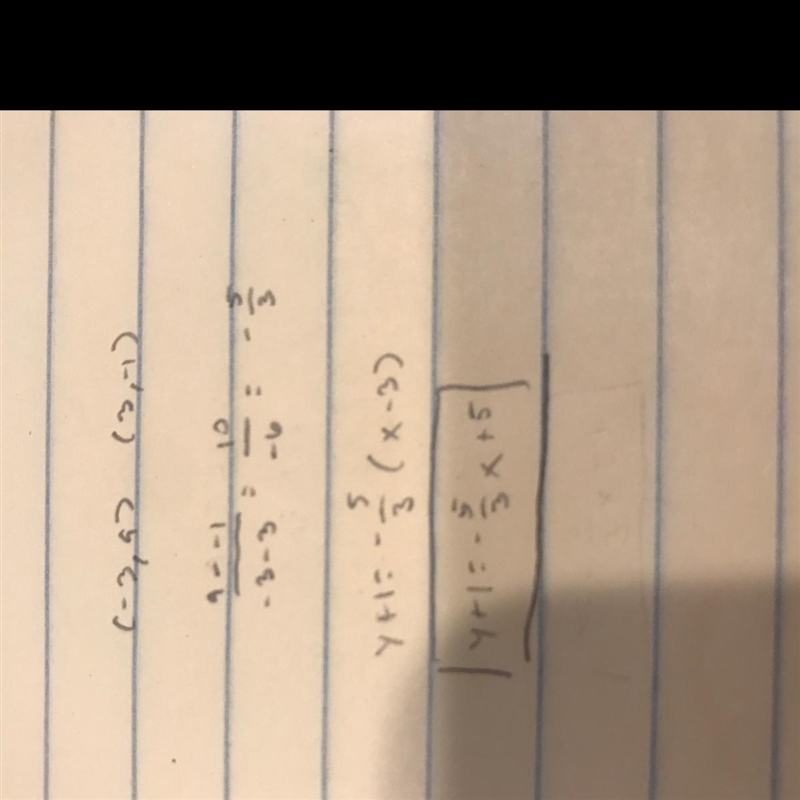 Write the equation of the line that passes through the points (-3,9) and (3, -1). Put-example-1