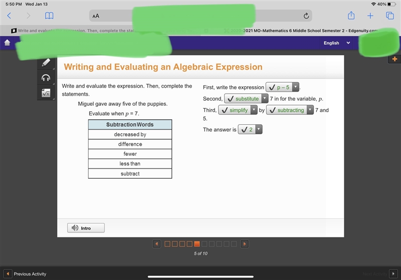 Write and evaluate the expression. Then, complete the statements. Miguel gave away-example-1