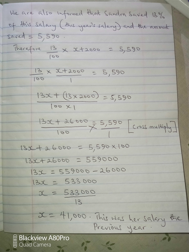 Sandra save 13% of her salary for retirement. This year her salary was $2000 more-example-2