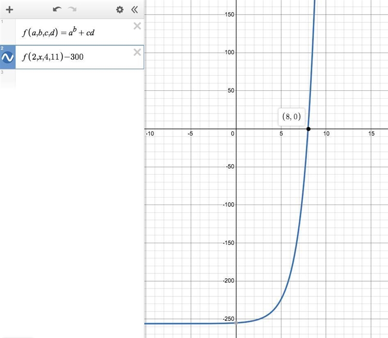 If F(a, b, c, d) = a^b + c \times d, what is the value of x such that F(2, x, 4, 11) = 300?-example-1