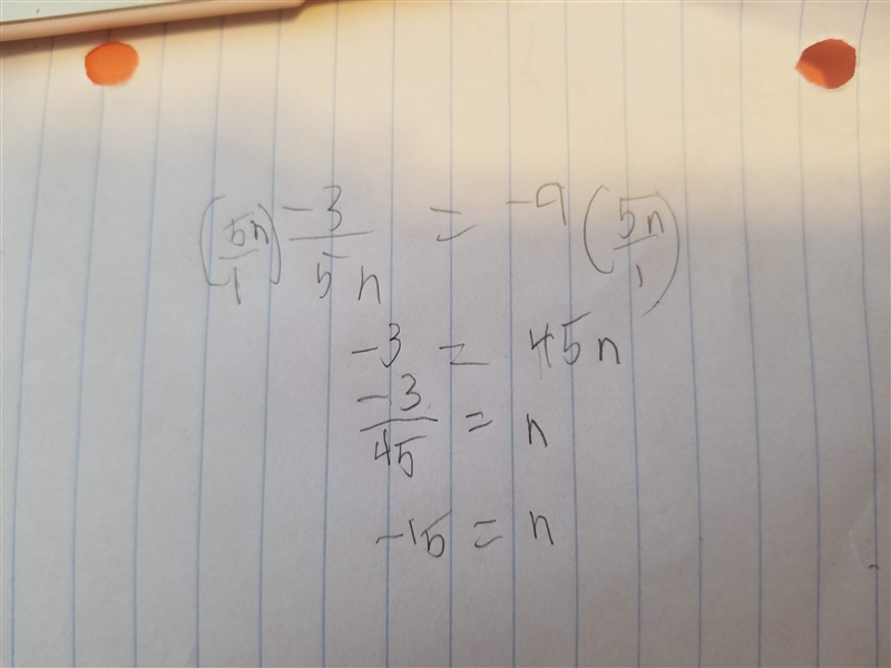 Solve the equation, and check your solution. -3/5n = -9-example-1